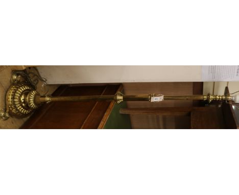 A Victorian brass standard lamp (converted) and shade, 170cm high