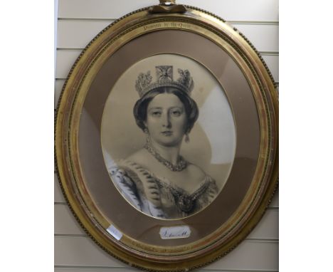 A pair of lithograph portraits of Queen Victoria and Prince Albert in ornate gilt gesso presentation frames 52 x 42cm