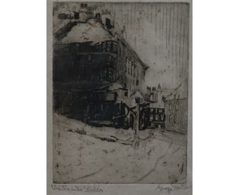 George Horton etching Winter in No Shields signed in pencil 21 x 16cm