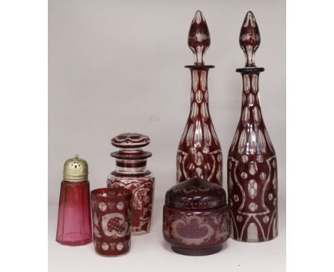 A pair of ruby overlay glass decanters, a pickle jar, glass powder bowl & cranberry shaker