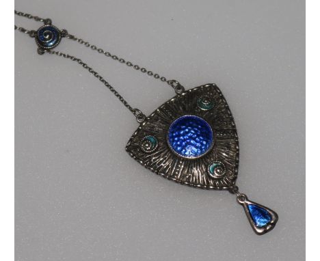 A George V Arts & Crafts silver & enamel pendant necklace by Charles Horner, Chester, 1911, 20.5in.