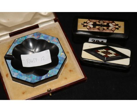 An Art Deco opal faced slate ashtray and two Bohemian inlaid snuff boxes