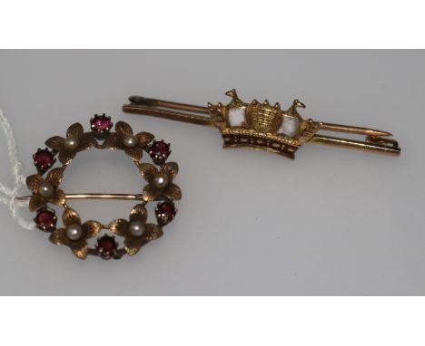 A 15ct gold and gem set brooch and a 9ct gold and enamel coronet bar brooch.
