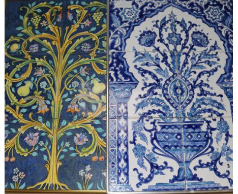 A Tunisian blue & white tile picture and an Italian 'tree of life' tile picture (2)