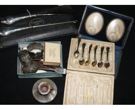 A Georgian silver caddy spoon, a similar preserve spoon, a pair of 15ct gold studs and sundries, including a silver seal, a m