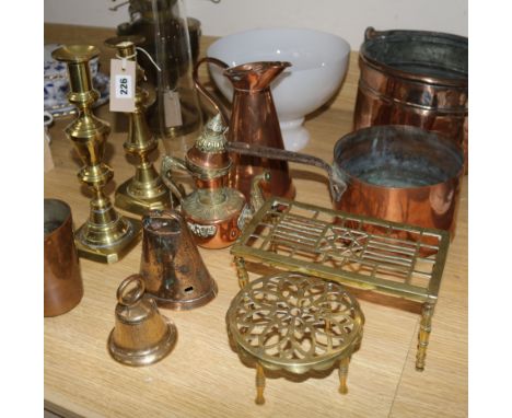 A brass oil lamp with white glass shade and sundry decorative copper and brass items