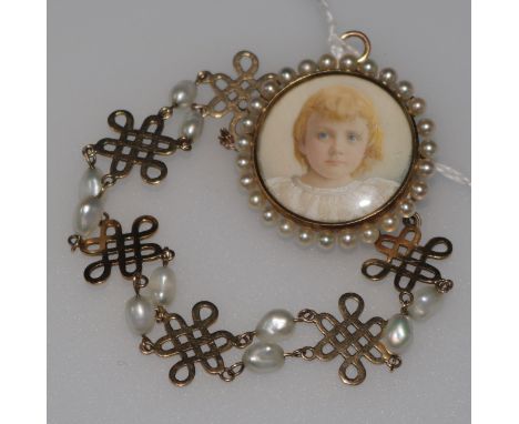 A miniature portrait of a young girl in yellow metal and cultured pearl setting and a 14ct gold and freshwater pearl bracelet