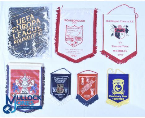 Seven assorted football pennants: UEFA Europa League Leicester Slavia Praha, Scarborough FC 1987, Bridlington-Tiverton Wemble