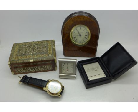 A Crane &amp; Viceroy radio controlled watch, two travel clocks, one other clock and a box