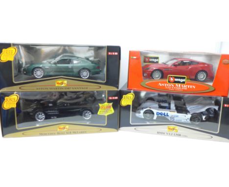 Four 1:18 scale model vehicles, three Maisto and one Burago, Aston Martin, Mercedes-Benz, BMW V12 LMR and Aston Martin Vanqui