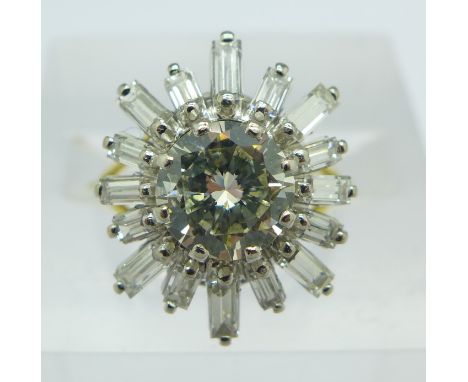 A diamond set sunburst style ring, approximately 1.4carat centre stone and also set with sixteen baguette shaped diamonds, 4.