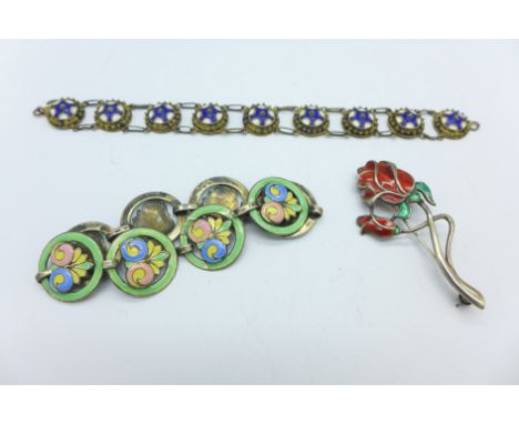 A hallmarked silver and enamel rose brooch and two enamel bracelets