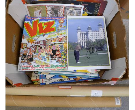A box of ephemera, signed pictures including golf, Viz comics, a Harlem Globetrotters 1988 World Tour programme, Queen A Kind