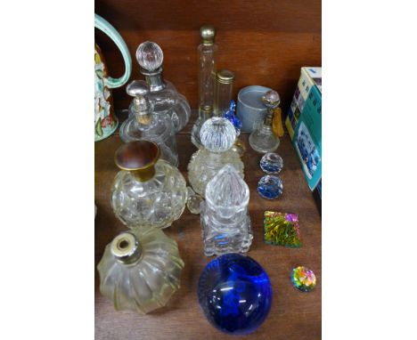 Assorted scent bottles, a Caithness limited edition glass paperweight and Swarovski, etc.