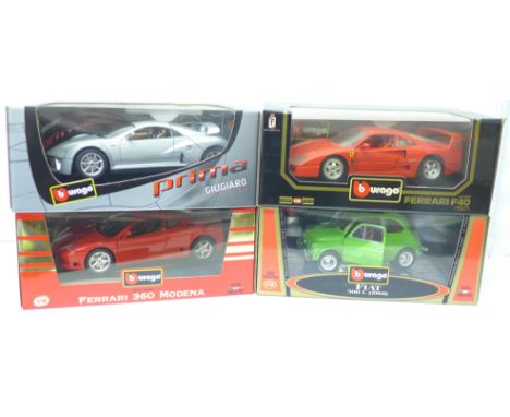 Four 1:18 scale model vehicles, all Burago, Ferrari F40, Fiat 500L, Giugiaro design Prima and Ferrari 360 Modena