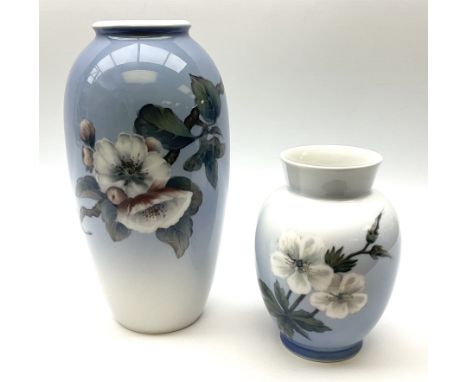 Two Royal Copenhagen vases, first example a vase of baluster form with apple blossom design on a pale blue ground, model no 2