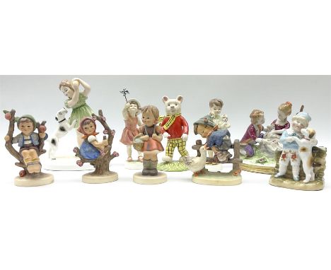 Royal Worcester 'Three's Company' figure, Royal Worcester 'Let's run', Royal Doulton Rupert Bear, Crown Staffordshire figure 