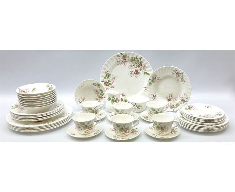 Wedgwood Apple Blossom pattern dinner and tea wares, comprising six dinner plates, six side plates, six bowls, nine smaller b