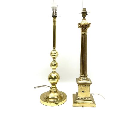 Two brassed table lamps, the first example modelled in the form of a Corinthian column, H53cm, the second example with gradua
