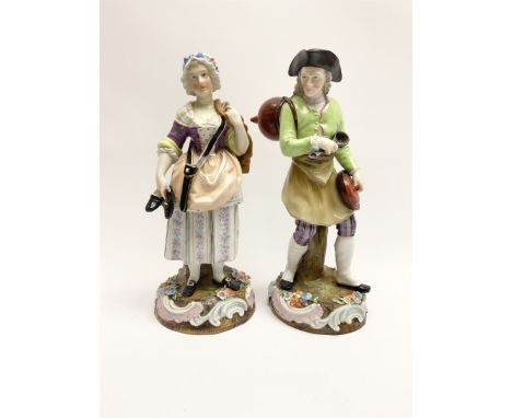 Pair of 19th Century continental figures, possibly German, the first example modelled as a man carrying cooking equipment sea