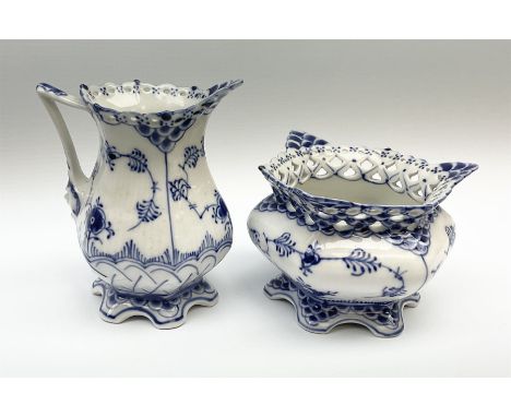 Two pieces of Royal Copenhagen Lace and Devil pattern porcelain, comprising jug, H12.5cm, and sucrier, H8.5cm. 