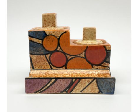 A Clarice Cliff Bizarre Cafe au lait double cube inkwell with pen tray, decorated in the Berries pattern, with printed mark t