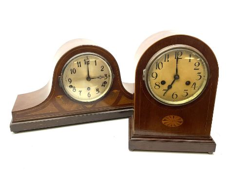 Edwardian inlaid mahogany arch top mantel clock H30cm, along with a inlaid hat top mantel clock H30cm