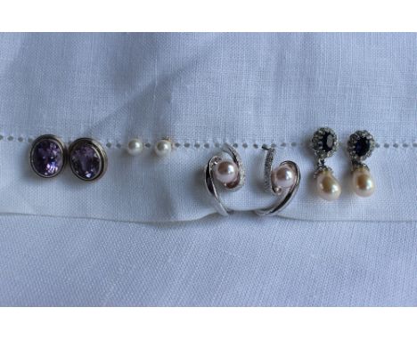 A pair of amethyst earrings together with faux pearl earrings etc