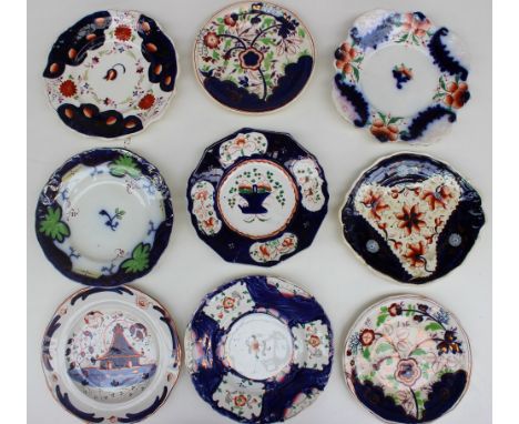 A collection of Gaudy Welsh bread and butter and side plates, various patterns including venus, variation on sea horse, baske