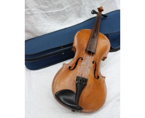 A violin with one piece back and ebonised line decoration, back including button, 37cm long, overall 59cm long, cased