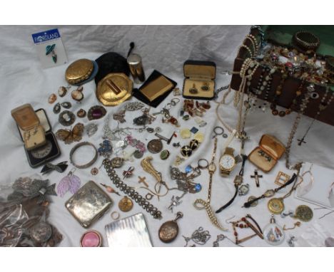 Assorted costume jewellery including a silver note case, silver cigarette case, silver locket, silver and enamel powder compa