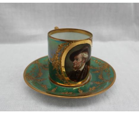 A continental porcelain coffee can and saucer, painted with a portrait of a bearded gentleman in a hat, in a gilt roundel to 