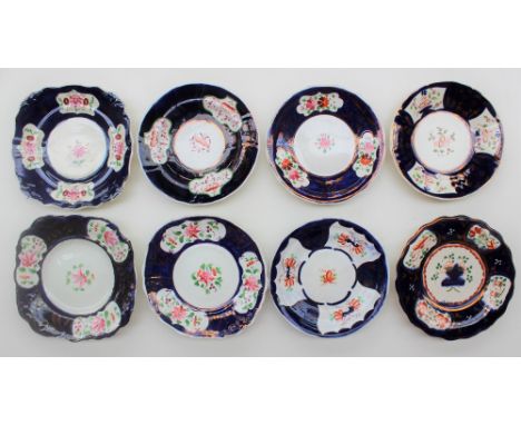 A collection  of Gaudy Welsh Side and bread and butter plates, various patterns including Cosmos, basket of flowers, panelled