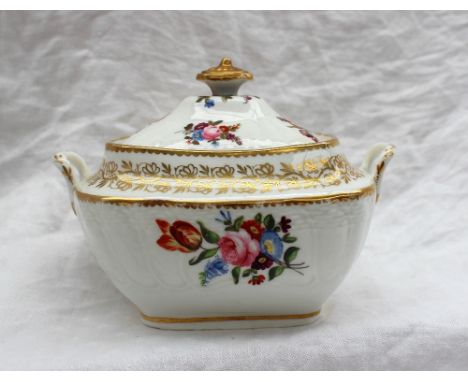 A 19th century Swansea porcelain twin handled sucrier and cover with a gilt pointed finial the body moulded with a basket wea