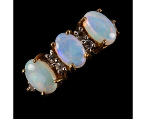 A modern 9ct gold opal and cubic zirconia half hoop ring, set with oval cabochon opal and single-cut CZ, setting height 6mm, 