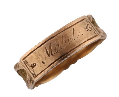 A Victorian 9ct gold memorial band ring, with central engraved panel inscribed Mabel with woven hair aperture shank and inscr