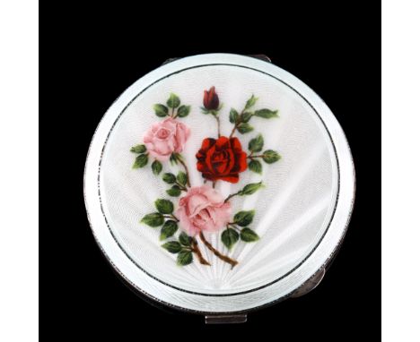 An Elizabeth II silver and enamel compact, circular form with hand painted rose decoration, by Walker & Hall, hallmarks Birmi