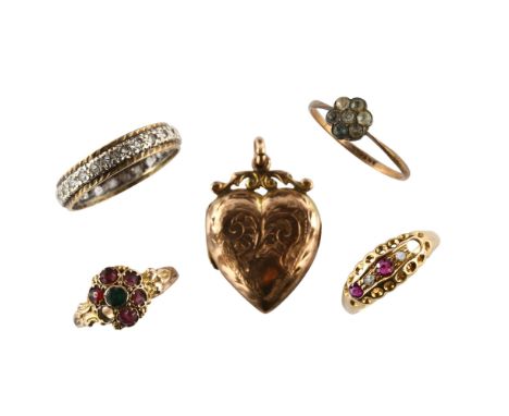 Various jewellery, including 18ct gold ruby and diamond ring, 1.9g, 9ct flowerhead ring, 1.1g etc (5)Lot sold as seen unless 