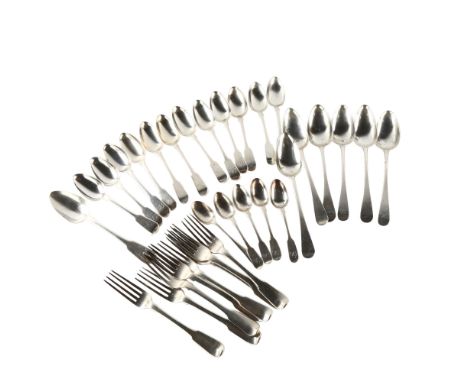 A quantity of Georgian silver cutlery, including set of 8 Fiddle pattern dinner forks, 54.8oz totalLot sold as seen unless sp