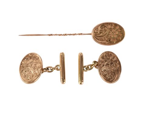 A 19th century 9ct rose gold dress set, comprising pair of cufflinks and stickpin, engraved floral panels, hallmarks Birmingh