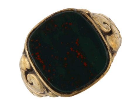 A large Continental 8ct gold bloodstone signet ring, with relief foliate shoulders, setting height 17.7mm, size W, 5gNo damag