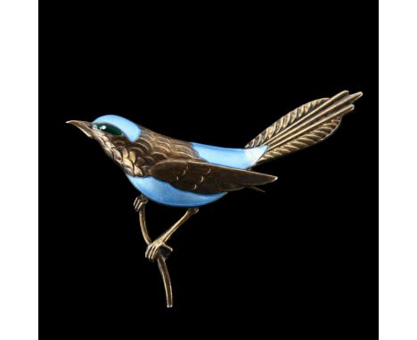 EGON LAURIDSEN - a Danish modernist vermeil sterling silver and enamel bird brooch, width 65.5mm, 13.7gEnamel has 1 large chi