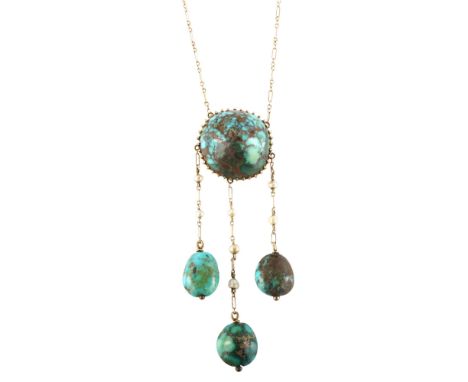 An Edwardian 9ct gold turquoise matrix and pearl negligee pendant necklace, set with high cabochon turquoise with 3 drops and