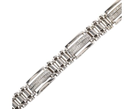 A heavy 14ct white gold diamond panel bracelet, set with Princess-cut diamonds, total diamond content approx 3ct, bracelet le