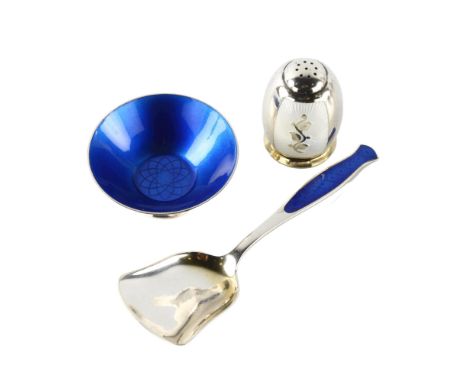 Various Danish silver and enamel, including salt cellar, tea caddy shovel and pepperette, height 4cm (3)No damage or repairs,