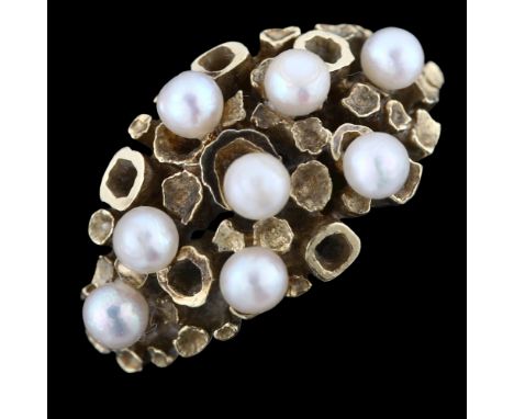 A 1970s Continental 14ct gold cultured pearl geometric abstract ring, setting height 11mm, size N, 4.6gNo damage or repairs, 