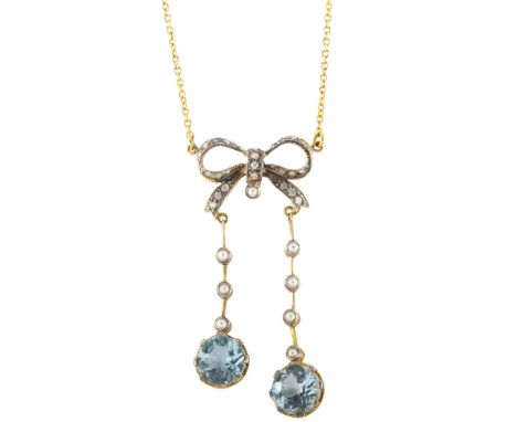 A modern 9ct gold blue topaz pearl and diamond ribbon bow negligee pendant necklace, in Edwardian style, set with round-cut t