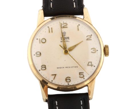 TUDOR - a Vintage 9ct gold Royal mechanical wristwatch, ref. 12856, circa 1964, silvered dial with gilt Arabic numerals and s