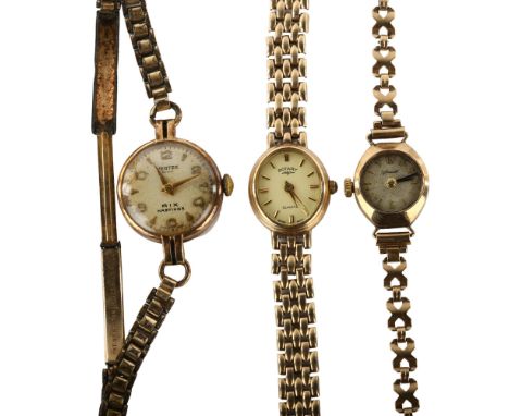 3 x lady's 9ct gold mechanical wristwatches, comprising Rotary with 9ct bracelet, 16g gross, Accurist with 9ct bracelet, 9.4g