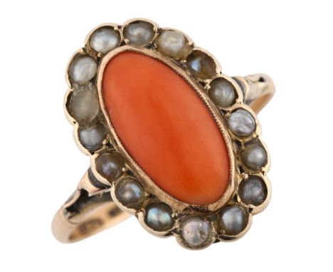 A 9ct gold coral and pearl cluster ring, setting height 18.2mm, size Q, 2.7gNo damage, all stones present, some pearls have a